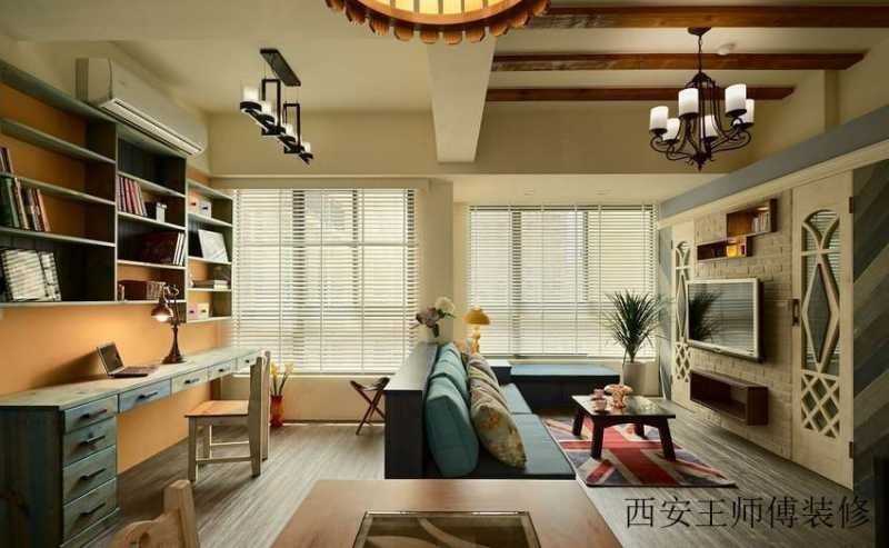 清新怀旧美式田园风格客厅隐形门背景墙设计图
