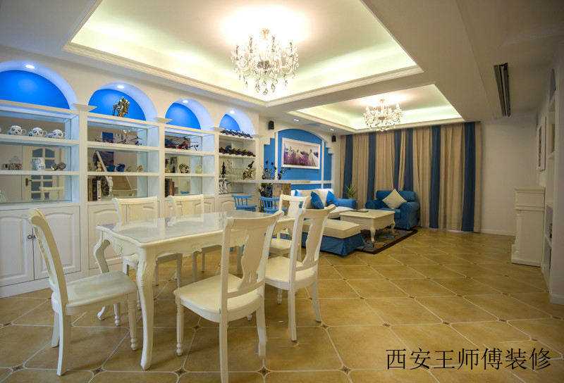 蓝色唯美地中海风格餐客厅吊顶隔断设计