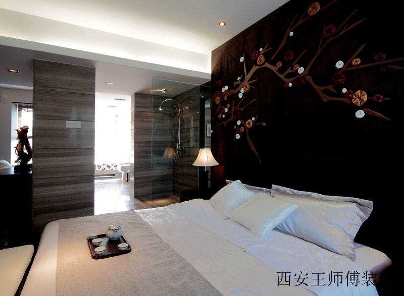 含蓄秀美新古典中式卧室床头手绘墙装饰欣赏图