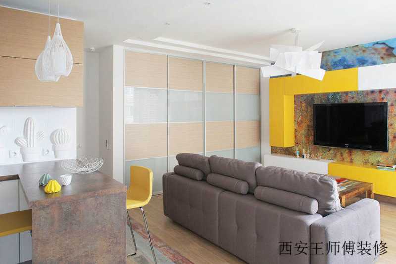 黄色优雅创意现代客餐厅隔断设计装修图