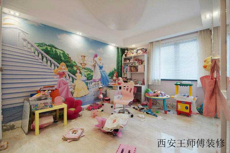 童趣梦幻现代儿童房手绘墙装饰效果图