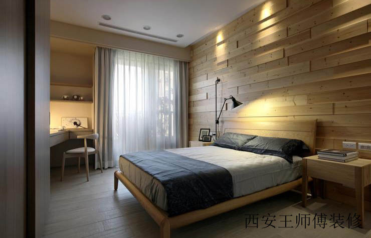 简约现代卧室原木背景墙装饰图
