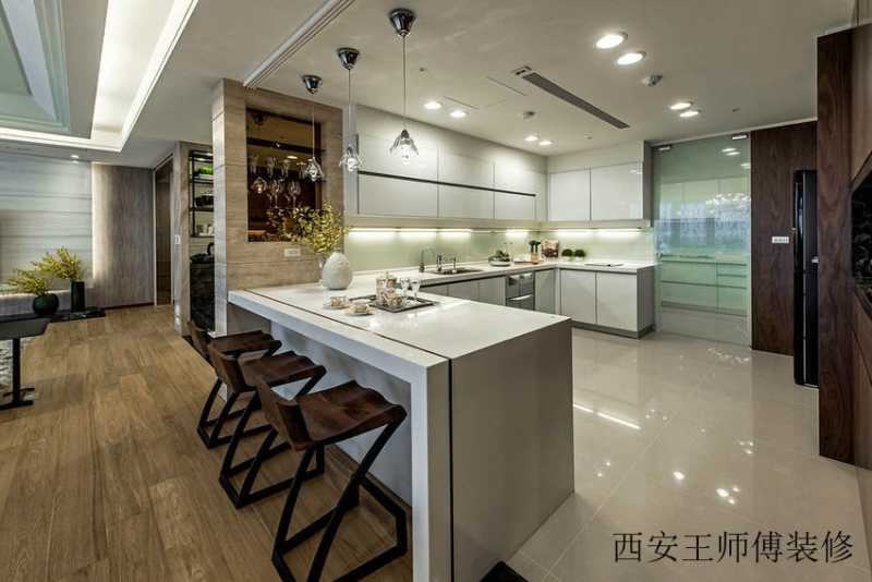 现代简约开放式厨房白色吧台效果图
