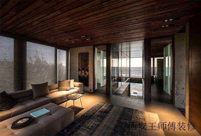 雅致现代海景别墅室内客厅实木吊顶效果图