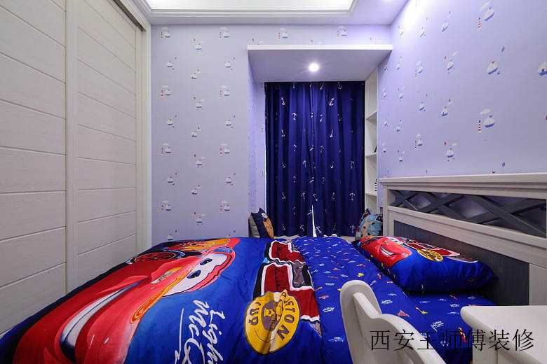 蓝色现代风格儿童房背景墙壁纸装饰效果图