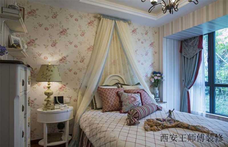 唯美田园风格卧室床头帷幔装饰效果图