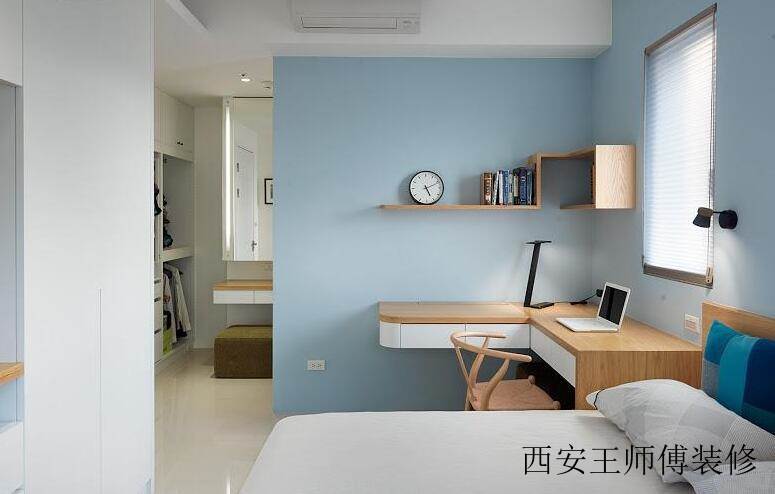 蓝色清新北欧装修卧室电脑桌设计图