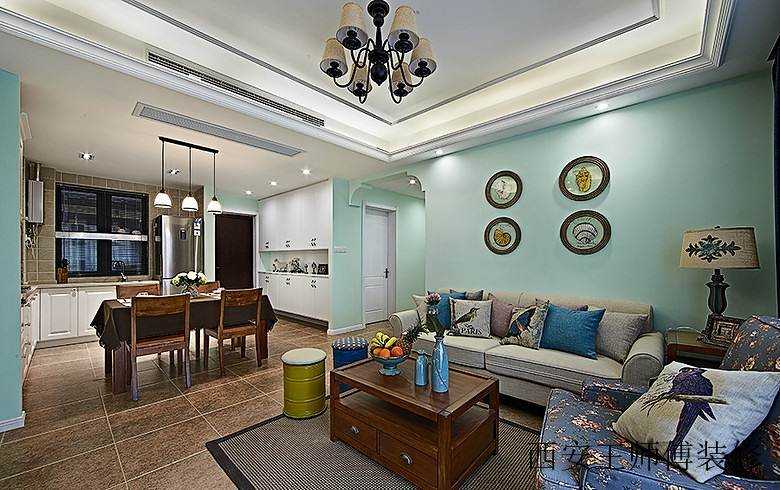 85平蓝色唯美美式二居家装设计装修图
