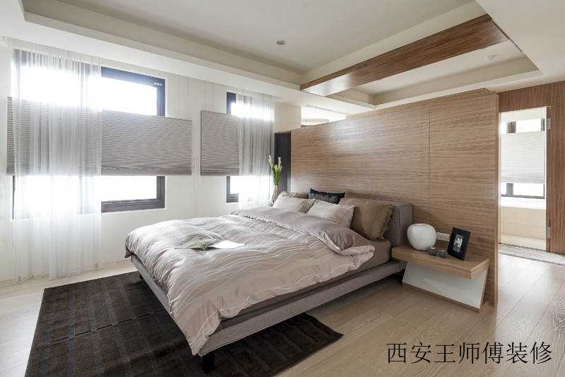 开放式现代卧室原木背景墙隔断装修设计图