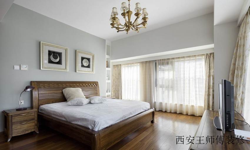 简约中式风格主卧室实木床搭配效果图