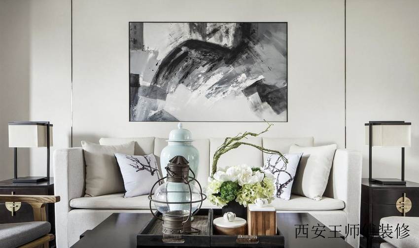 素雅时尚简约中式客厅相片墙壁画效果图