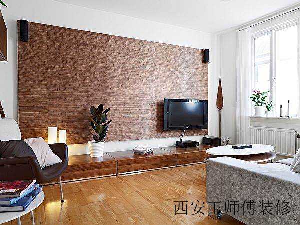 原木色现代客厅电视背景墙装饰图