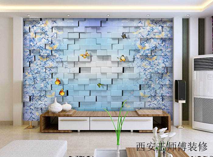 精美混搭风客厅 3D蓝色花朵背景墙效果图