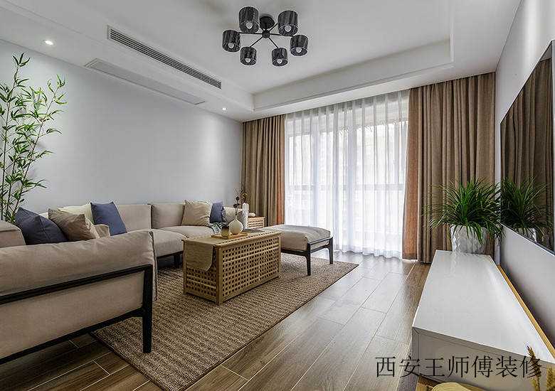 朴素洒脱日式原木和风客厅落地窗设计效果图