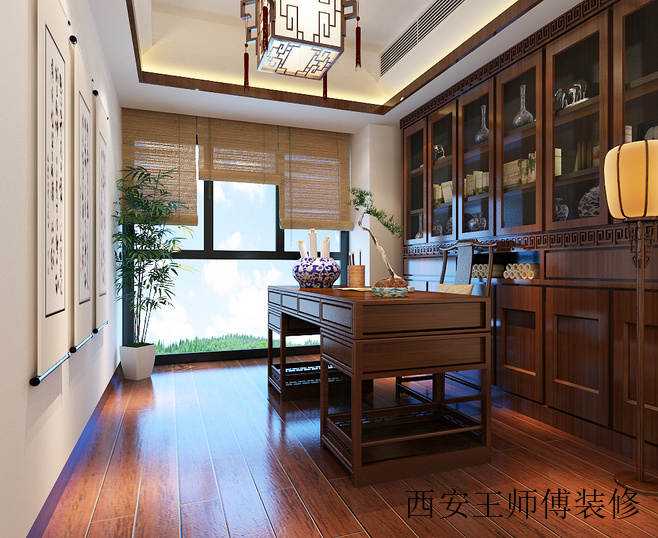 高端典雅中式 实木书房效果图