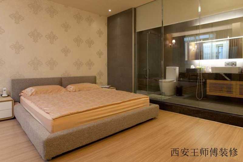 原木简约卧室玻璃隔断装修图