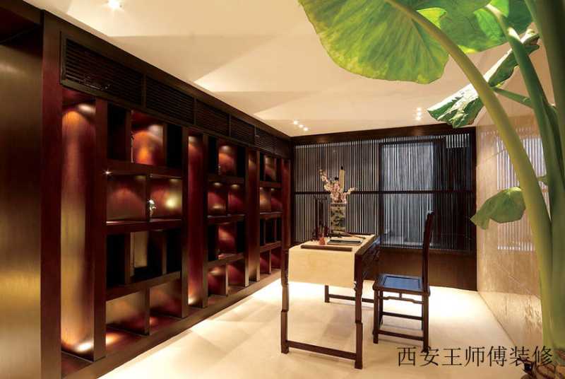 酒红色儒雅新中式别墅书房博古收纳架设计