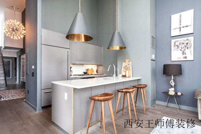 灰色系工业混搭风 厨房中岛吧台效果图