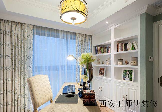 悠闲美式简约风书房书柜设计装修效果图