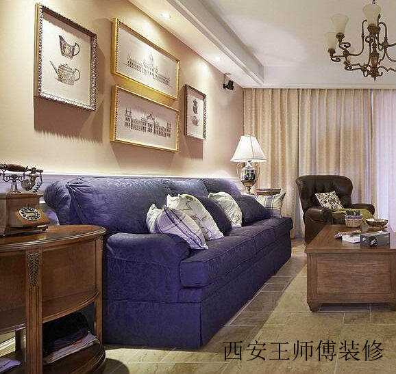 美式乡村混搭客厅蓝色沙发装饰效果图