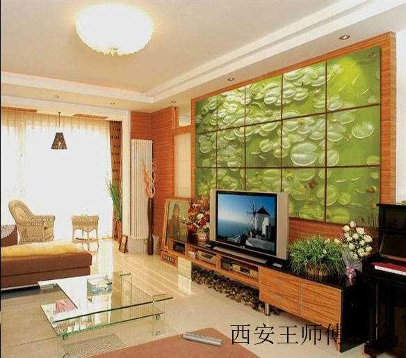 唯美中式客厅 绿色魔块电视背景墙设计