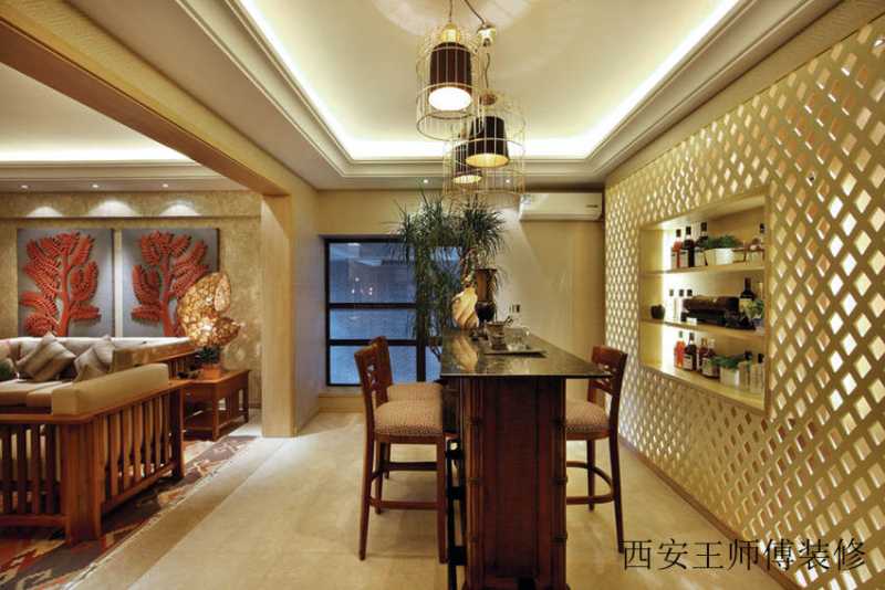 豪华东南亚风格复式餐厅镂空背景墙设计效果图