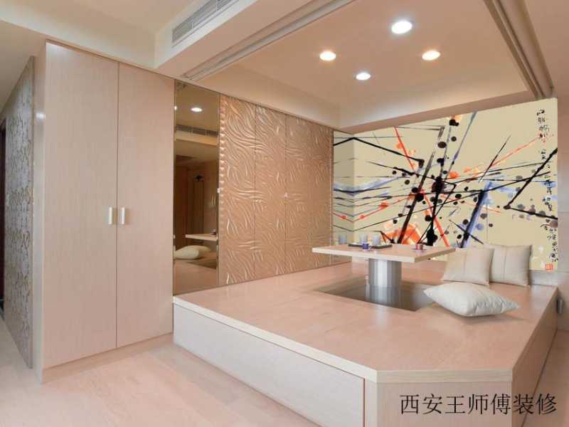 浪漫精致裸色中式榻榻米茶室升降地台设计