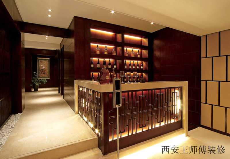 酒红色现代豪华中式过道吧台设计效果图