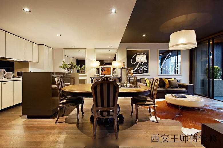 简约时尚复古混搭餐厅餐桌椅摆放效果图