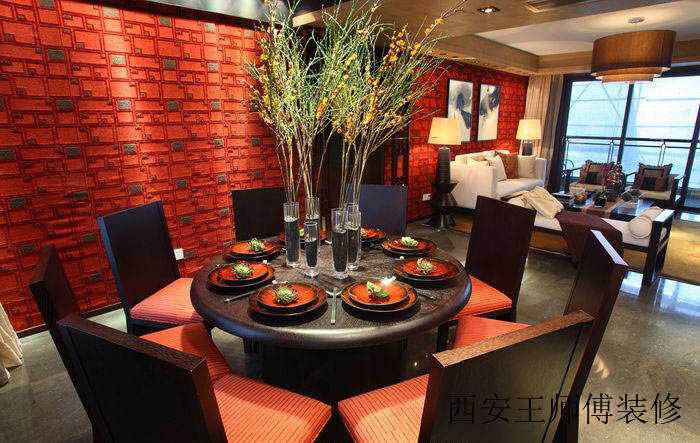 红色摩登复古中式风格餐厅背景墙效果图