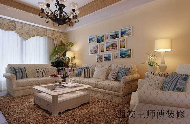 优雅裸色系韩式田园风客厅效果图
