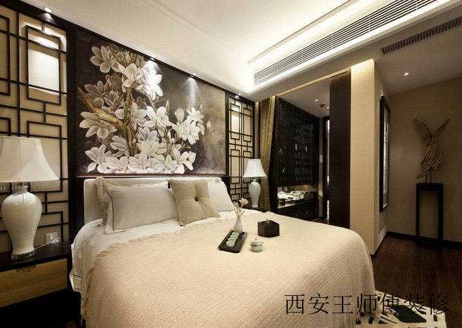 唯美大气中式主卧 花朵背景墙效果图