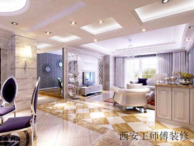 华丽现代简欧风客厅 过道凹凸吊顶效果图
