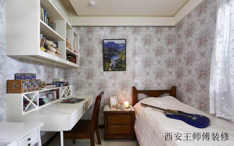 现代简约儿童房书房一体墙纸装饰效果图