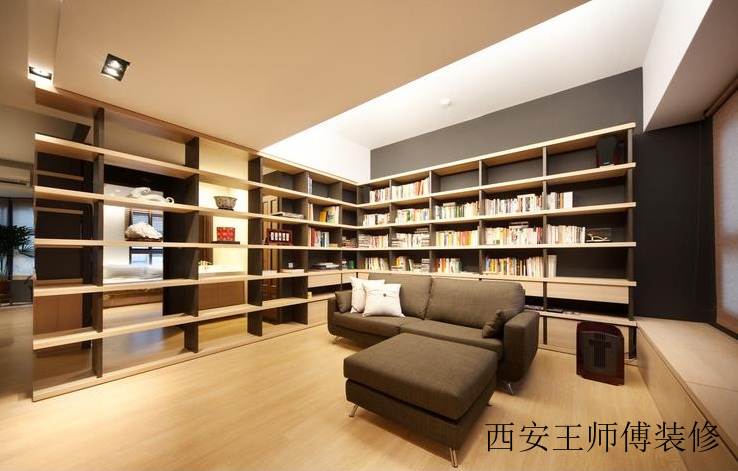 淡雅简洁日式风格客厅书房一体置物架隔断设计装修图