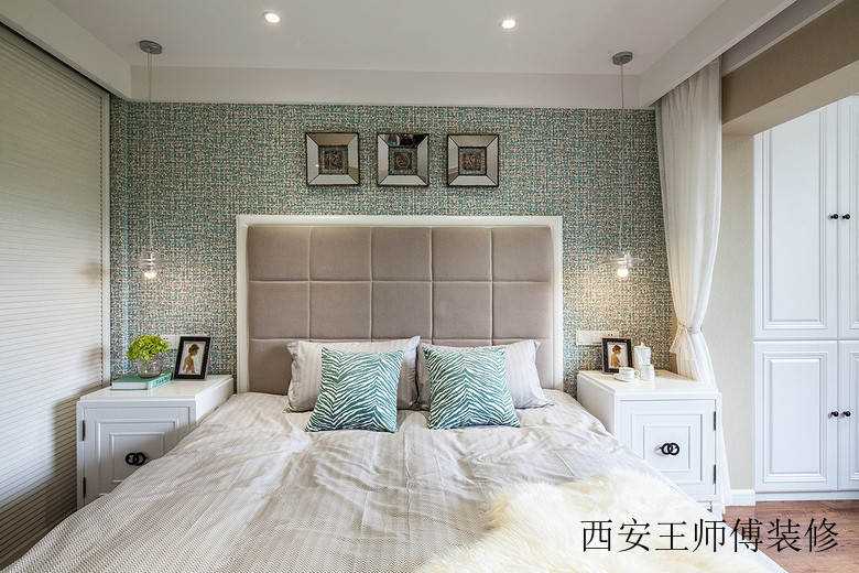 时尚简约美式风格卧室背景相片墙效果图
